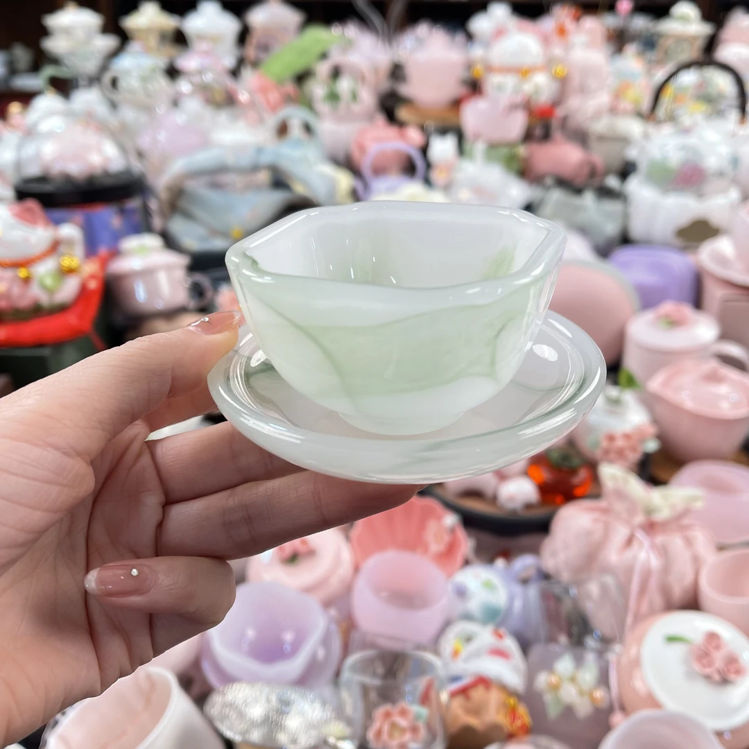 飘绿琉璃四方来财主人杯+杯垫