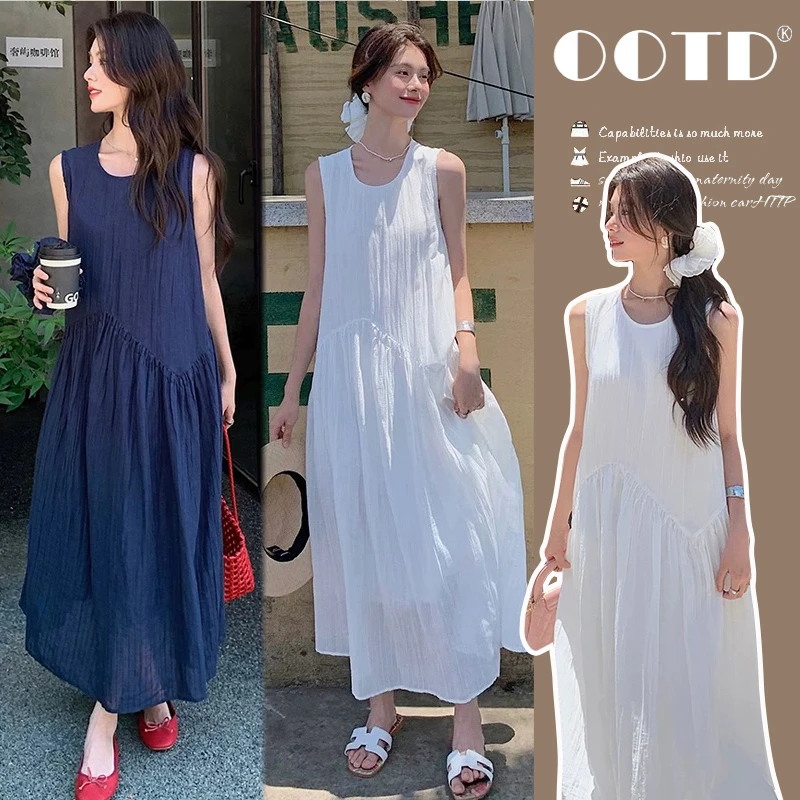 时髦孕妇装新款圆领宽松显瘦长裙无袖时尚夏季休闲气质背心连衣裙