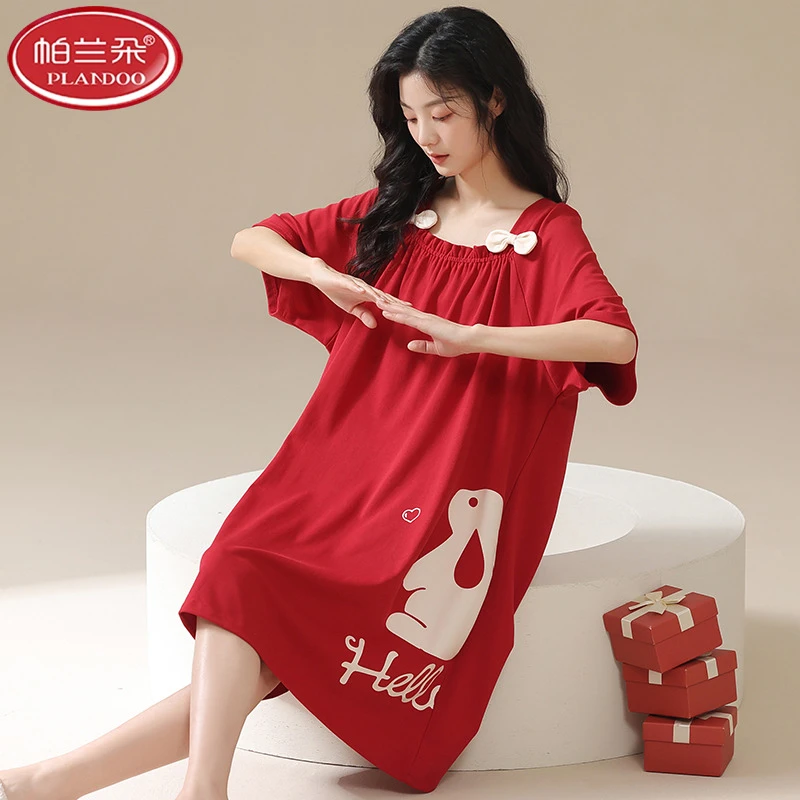 帕兰朵睡衣女款2025新款夏季短袖100%纯棉薄款睡裙夏款女士宽松全