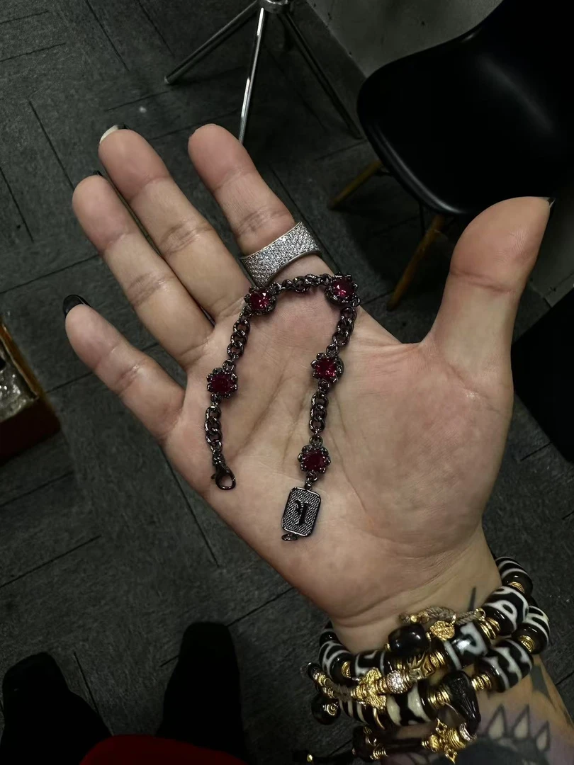 合金手链 【 涅槃 泣血玫瑰 手链】黑武士蔷薇红锆手链国潮风发字