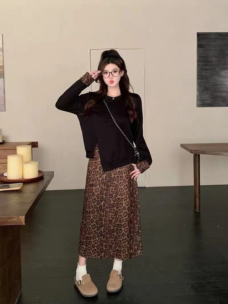 6868大码韩系甜美套装女秋季不规则上衣胖MM遮肚显瘦豹纹裙子