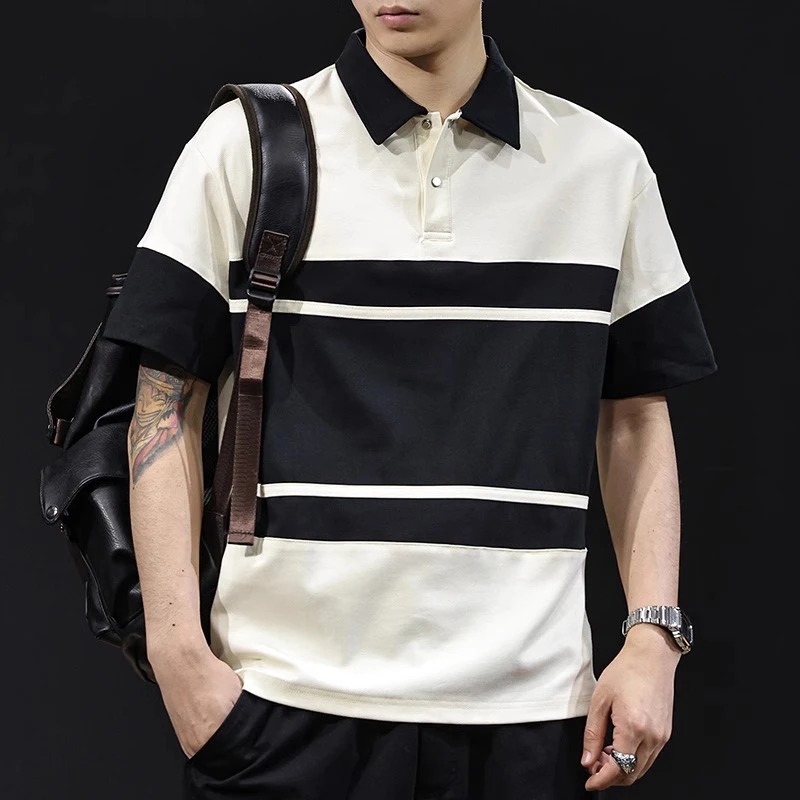 U&PURA撞色条纹POLO衫男士短袖t恤宽松夏季新款高端潮流百搭T恤