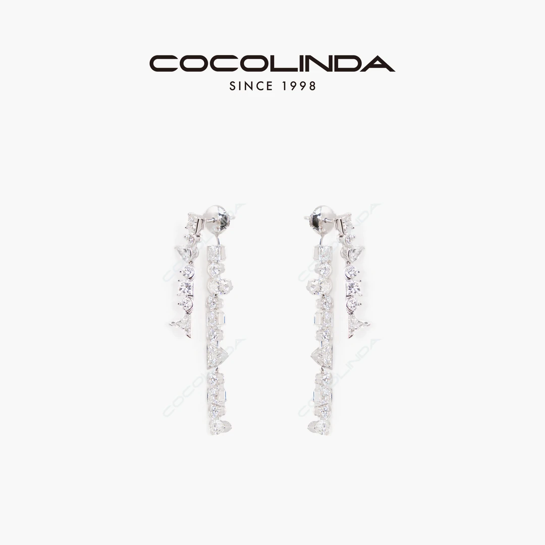 COCOLINDA 铜合金锆石耳饰 | 锆石长流苏白金色耳环ERHUAN -36