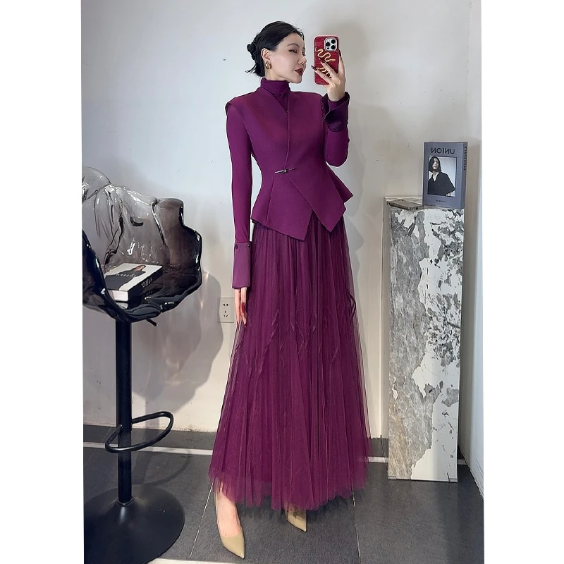 2025法式春装新款时尚减龄小香风打底衫马夹飘逸长纱裙套装三件套