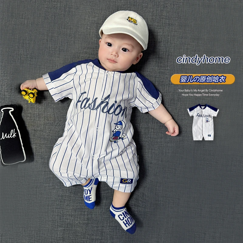 2025新款短袖夏季哈衣爬服条纹新生儿婴儿婴童连体衣