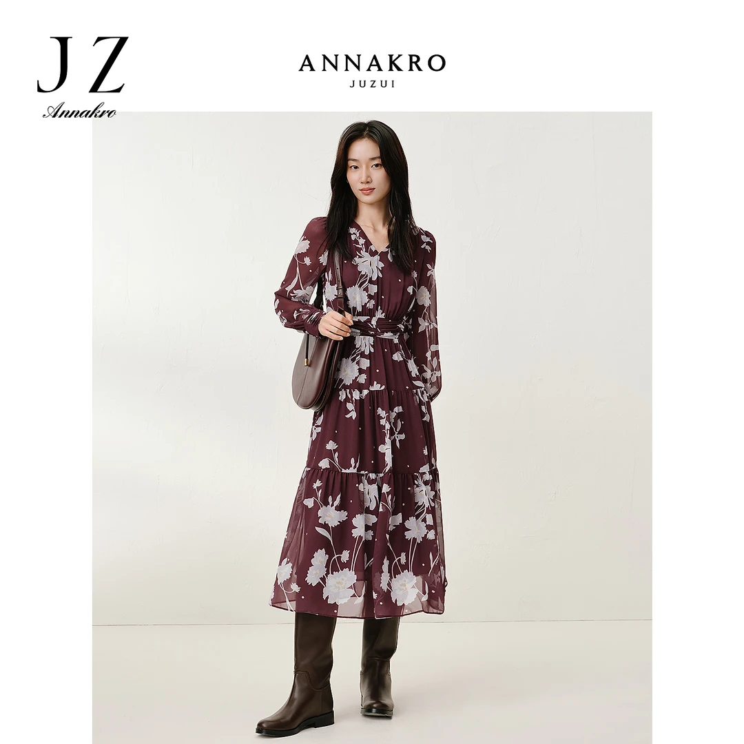 玖姿安娜蔻KWFQ50006复古印花打揽收腰雪纺连衣裙长裙女2025秋