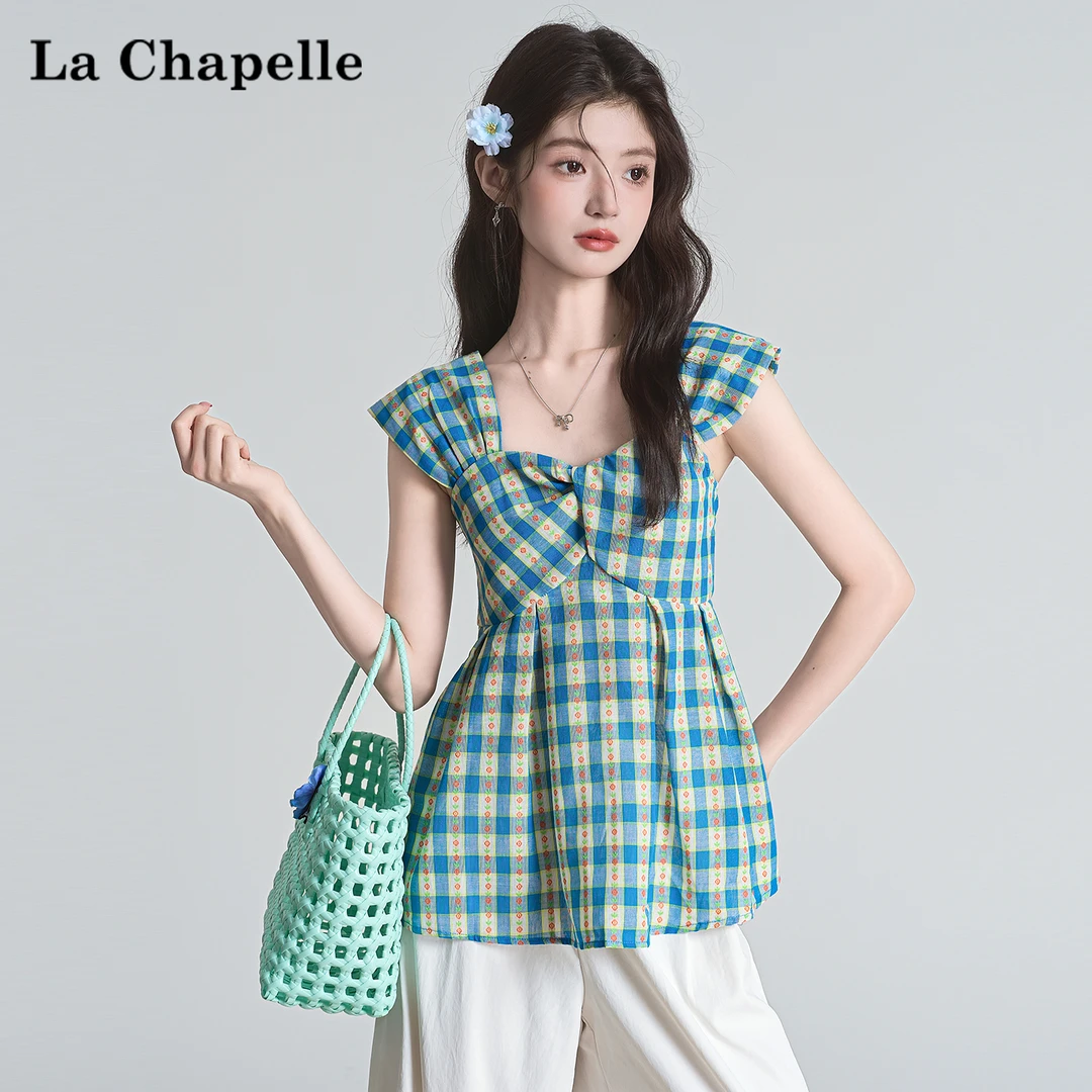 拉夏贝尔法式甜美格子小飞袖衬衫女多巴胺设计感褶皱无袖衬衣上衣