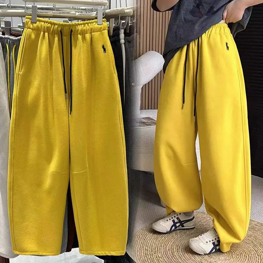 加绒加厚小马刺绣休闲裤女秋冬新款高腰宽松显瘦百搭阔腿裤