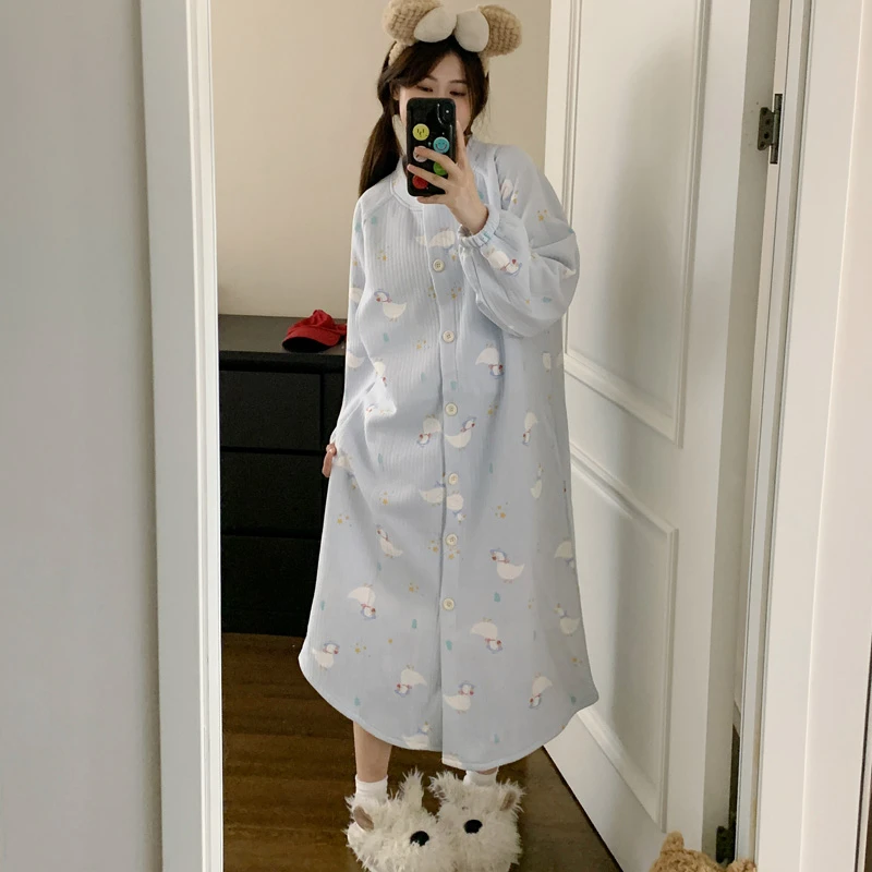 哺乳睡裙冬季产妇孕妇睡衣春秋款空气棉待产裙可外穿月子服家居裙