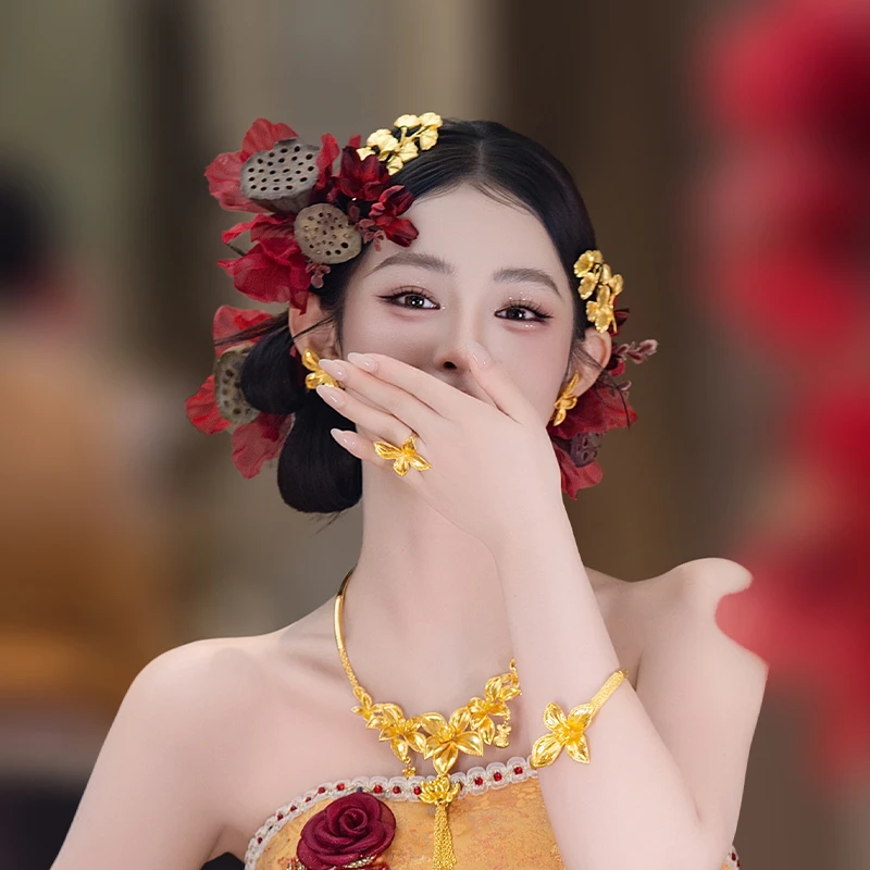 合金布艺婚庆饰品 新娘新中式复古仙气仿真莲蓬花造型发饰MC3128