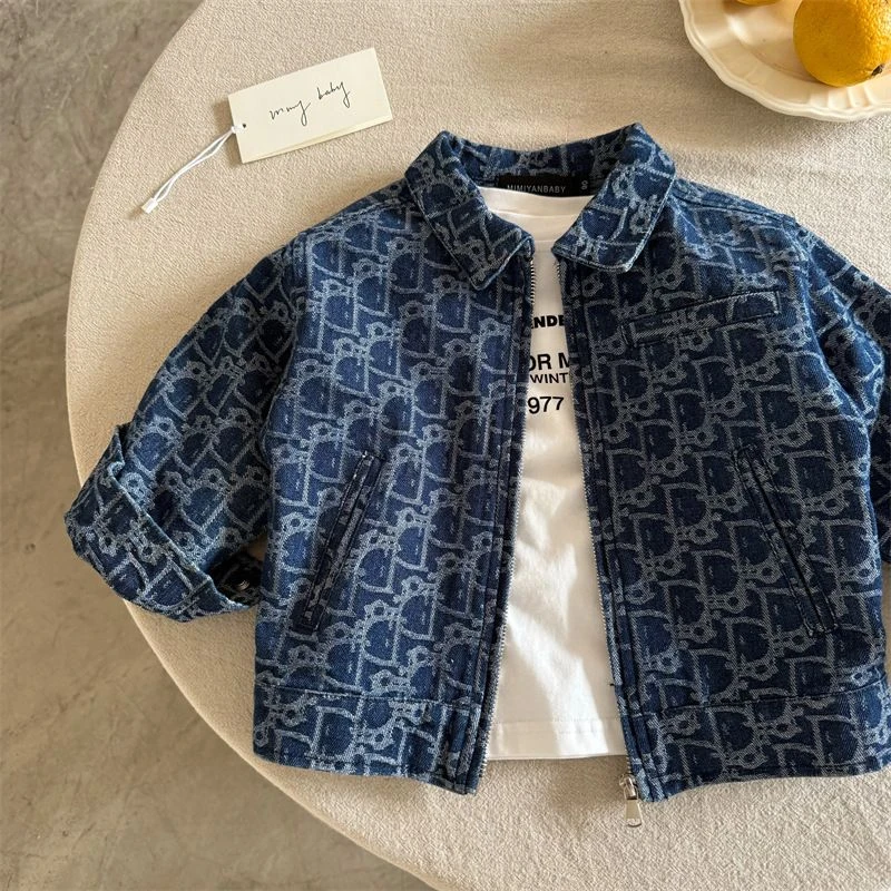 儿童外套2025春季韩版新品男女童提花牛仔拉链衫宝宝休闲翻领外套