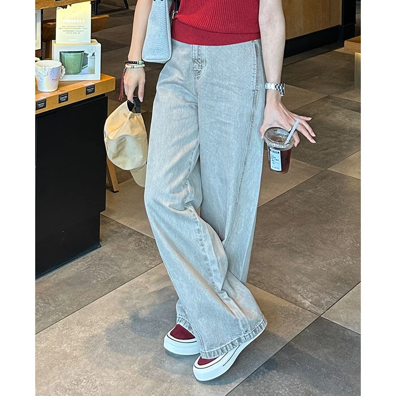 吕小布 | 浅灰色牛仔裤春夏无侧缝扭缝设计洗水复古拖地裤女0327