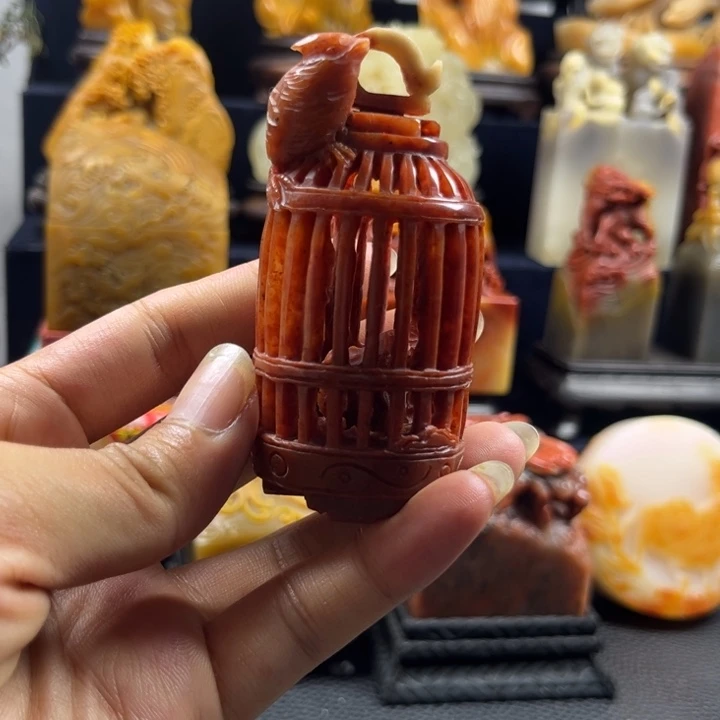 砖雕寿山石 鸟笼 手工艺品