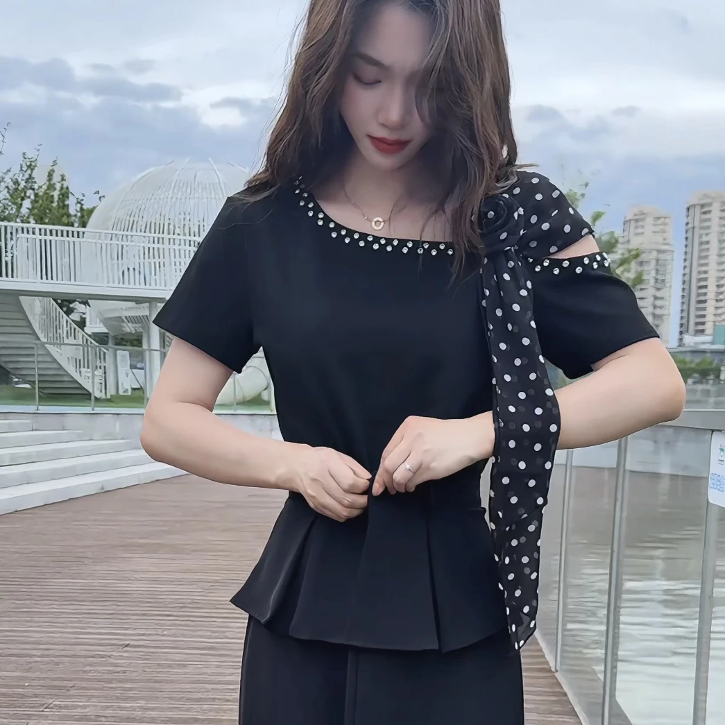 豹纹简约通勤短袖透气设计感T恤森系圆领时尚斜肩飘带装饰显瘦