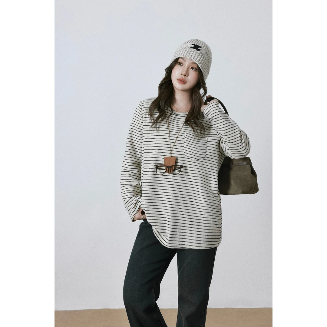 现货大婉酱微胖定制【曼塔情书】桑蚕丝绵羊毛混纺条纹t恤上衣3092D