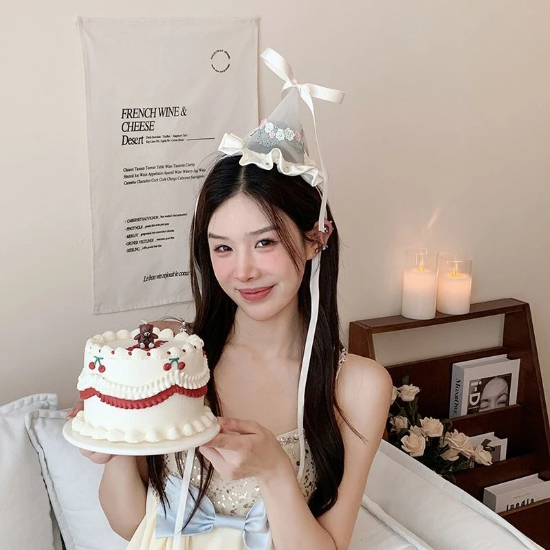 生日头饰法式复古刺绣生日帽发夹甜美百搭蝴蝶结头饰顶夹鸭嘴夹女