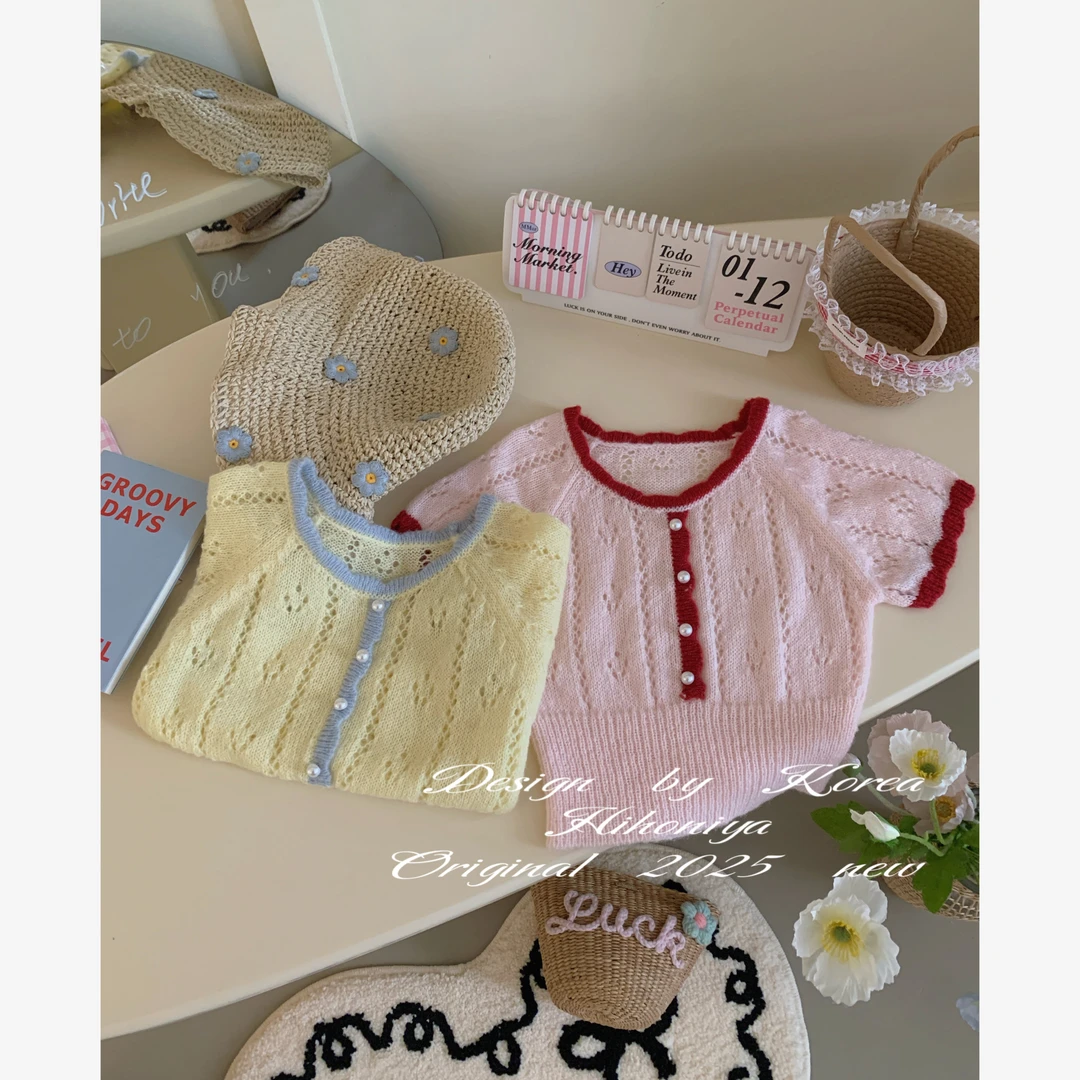 【浅春韩女】五Hihoniya~2025春季欧若风亲子小香镂空韩版短袖毛衣