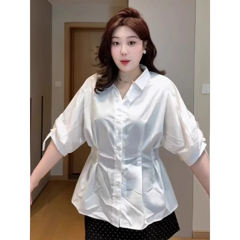法式白色翻领泡泡短袖衬衫女夏季松弛感大码胖mm显瘦独特漂亮上衣