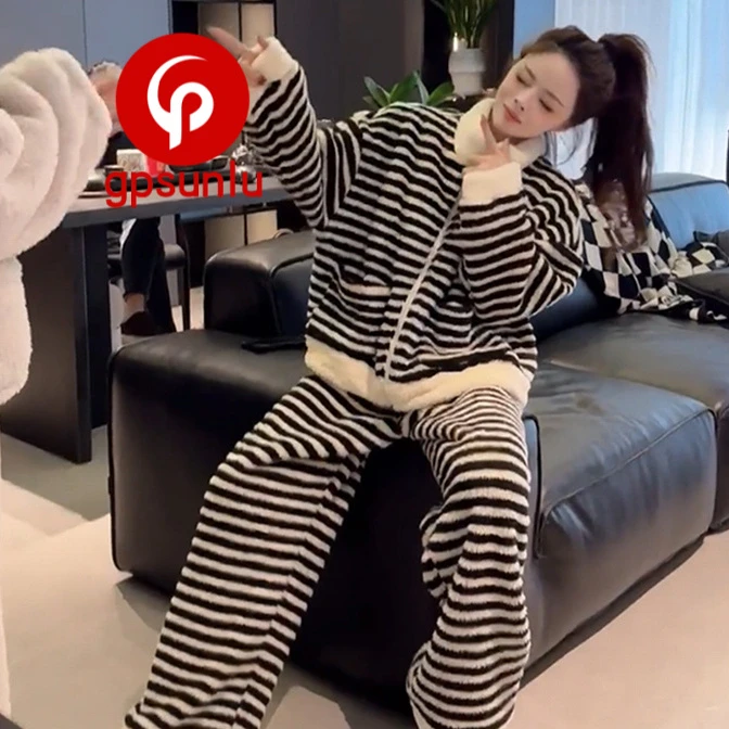 高端小众GP2026冬季新款双面珊瑚绒加厚保暖睡衣女款暖烘烘家居服