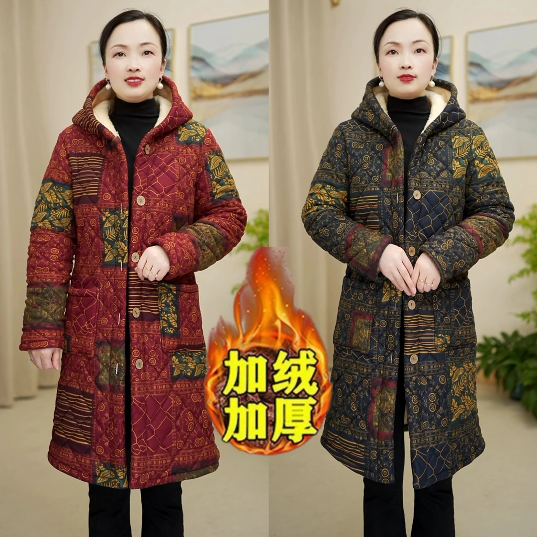 妈妈装冬季中长款加绒加厚棉衣棉袄印花气质棉服连帽棉衣保暖