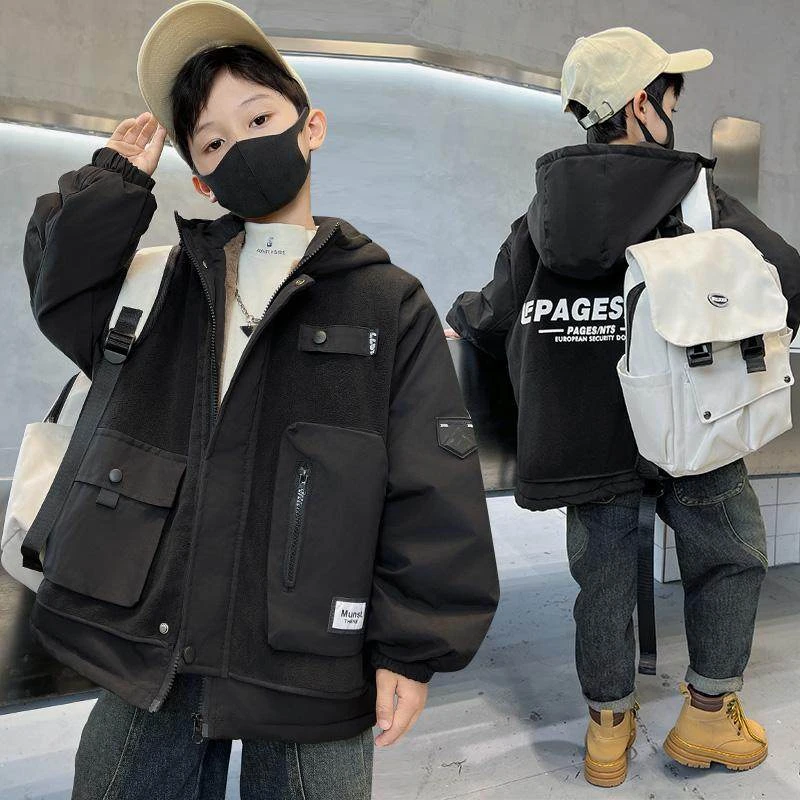 男童保暖棉服2025新款冬季童装外套中大童假两件加绒棉袄加厚棉衣