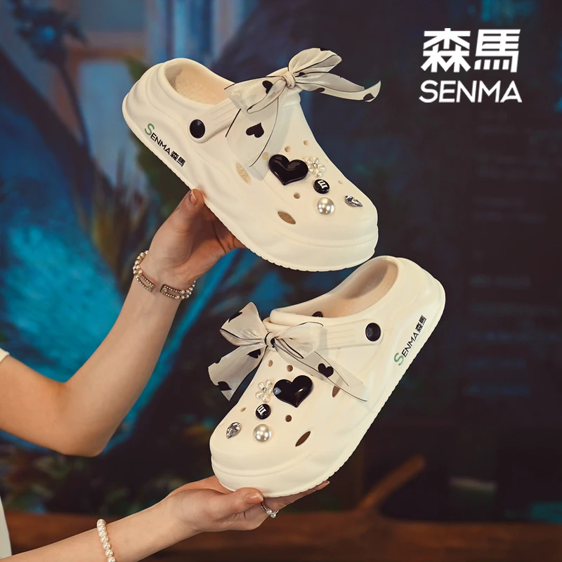 SENMA/森马3cm夏季外穿洞洞鞋女厚底包头半拖鞋百搭穆勒鞋懒人鞋