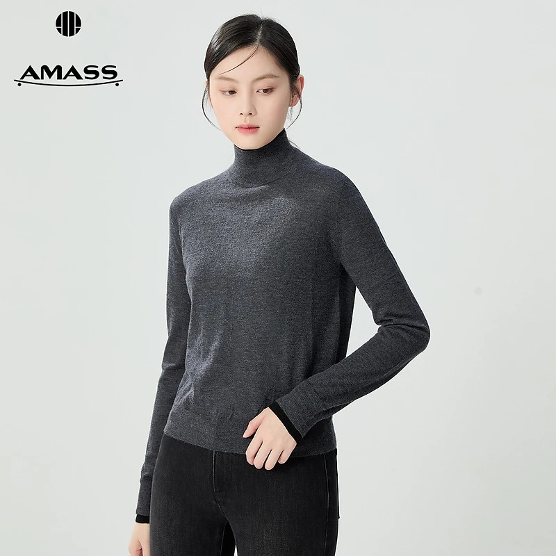 阿玛施AMASS新款简约设计感百搭显瘦假两件羊绒套头针织衫5399308