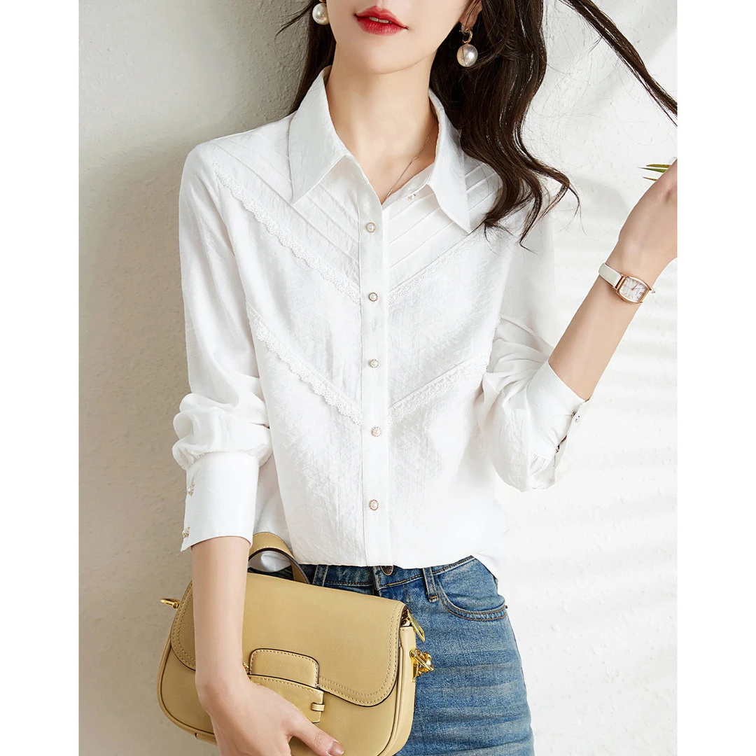 沫晗依美2025秋季时尚衬衫领刺绣花边设计款流行宽松韩版长袖衬衫