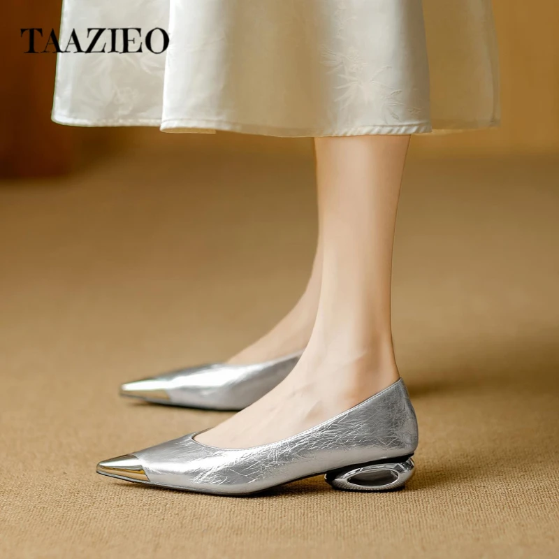 TAAZIEO绝美尖头银色高跟鞋女2025春秋新款不累脚仙女搭裙子小众