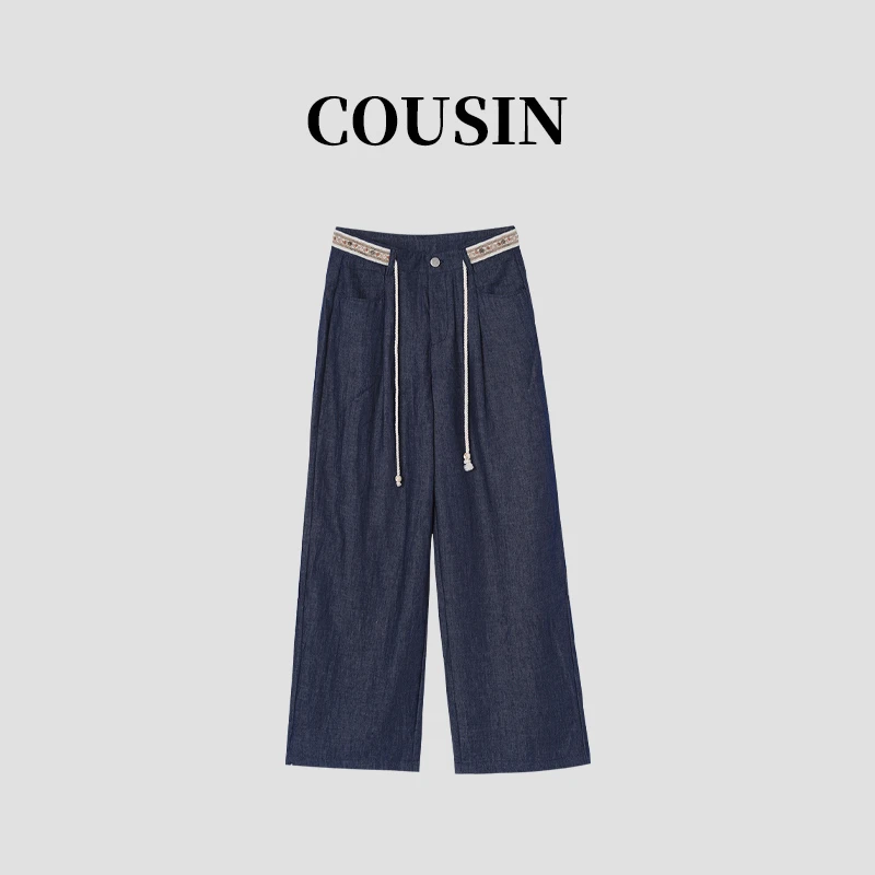 D.cousin  刺绣拼接阔腿裤复古垂感直筒休闲裤   2620