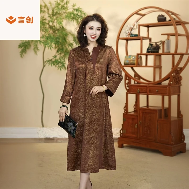 310新中式国风春夏季新款真丝提花连衣裙时尚气质宽松妈妈装长裙v