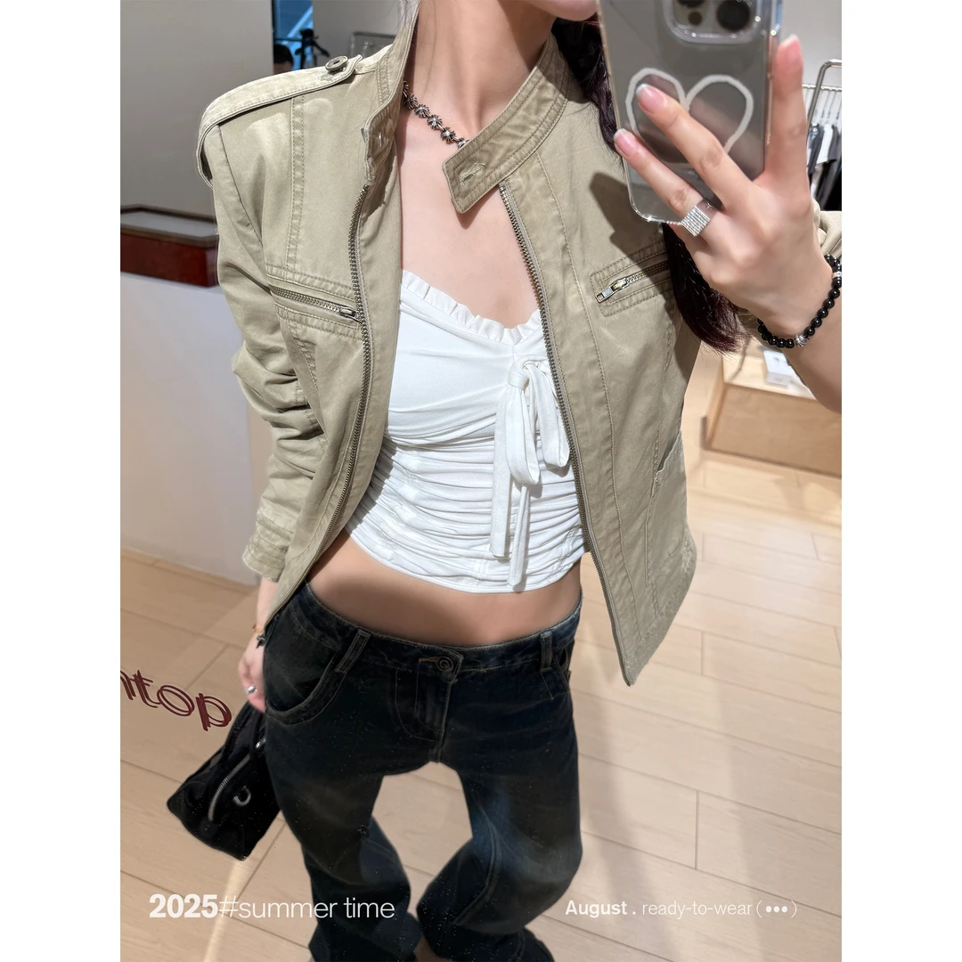 SUNONEONE 立领做旧美式复古牛仔外套女早秋正肩夹克上衣H1287W