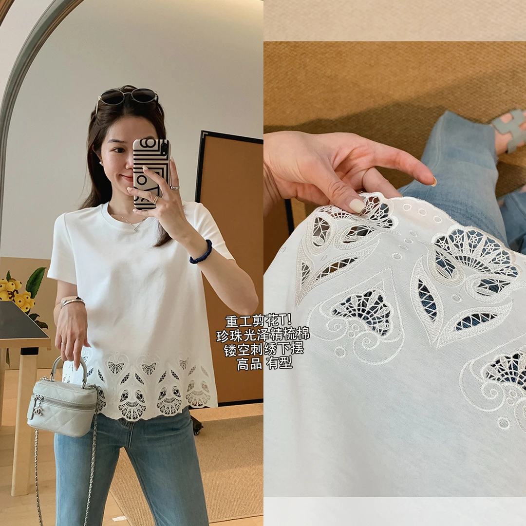 大叮自制【剪花T】质感精梳棉重工剪花镂空刺绣气质短袖！S6013