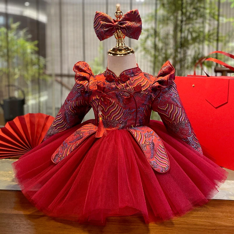 周岁女宝宝礼服秋装国风儿童中式生日抓周旗袍裙红色一周岁公主裙