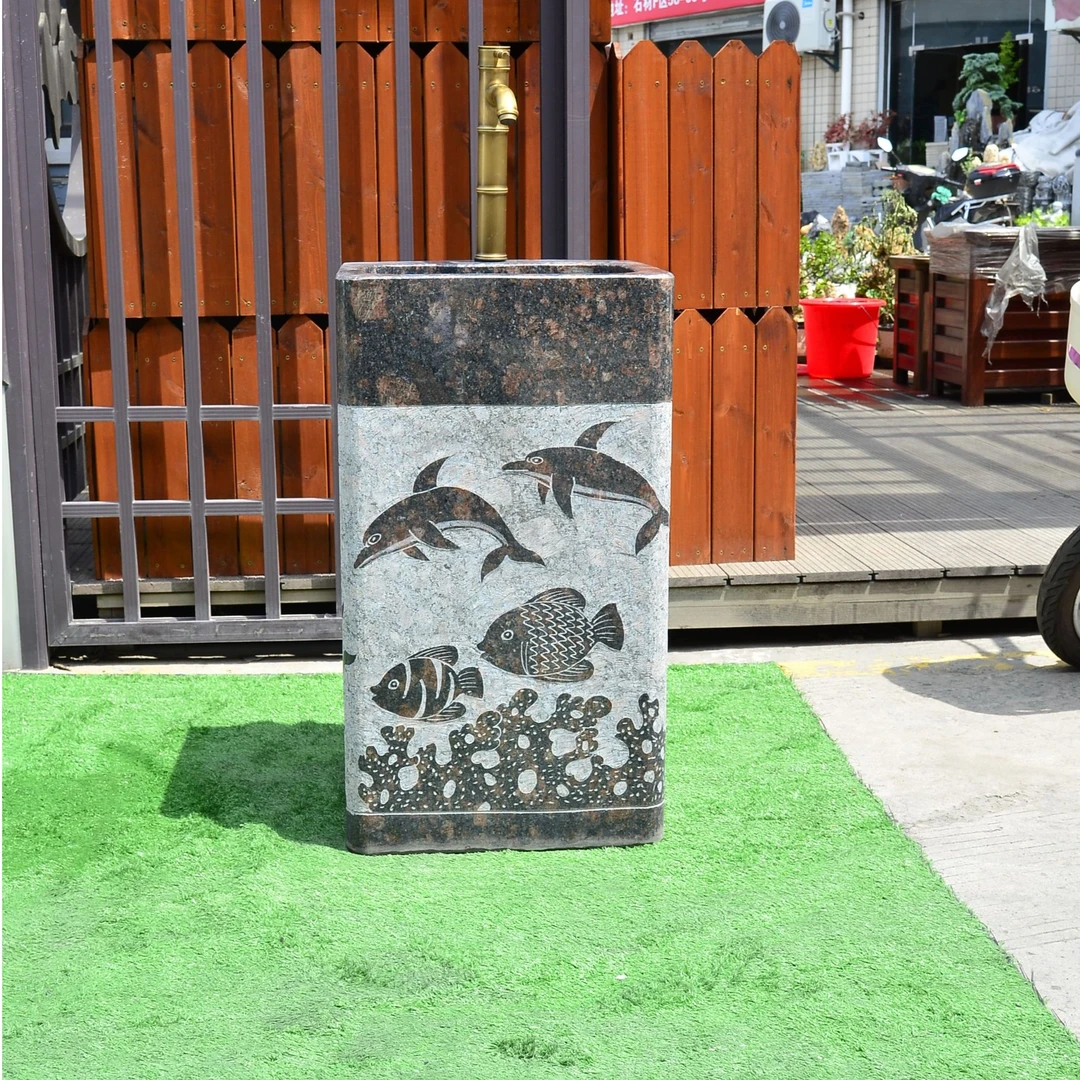 精品天然花岗岩英国棕红棕整体海豚洗手盆户外庭院家用别墅一体盆
