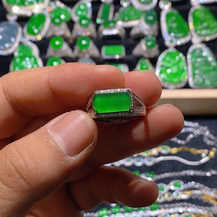 翡翠戒指银S925镶嵌天然A货翡翠