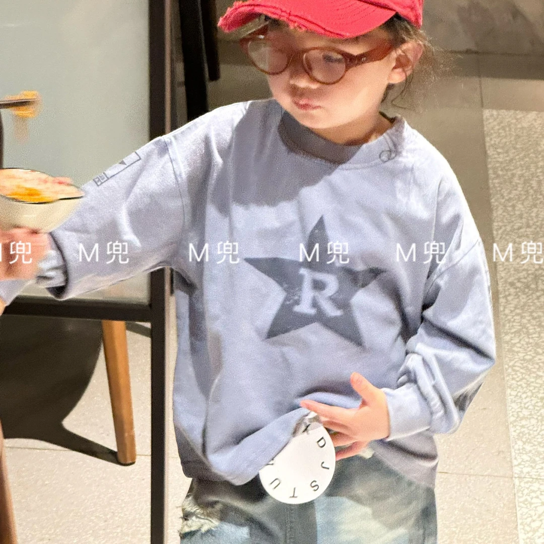 2025春款儿童美式做旧磨白五星字母长袖T恤男童中性炒色复古上衣