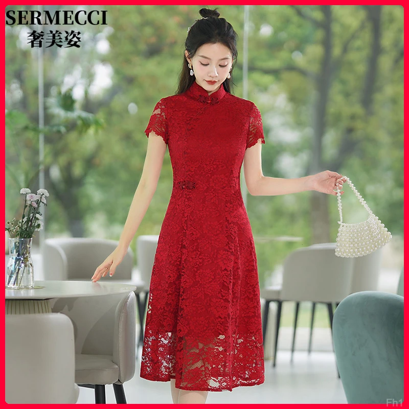 奢美姿喜尚2025新款夏季女妈妈红色新中式蕾丝改良日常送考裙