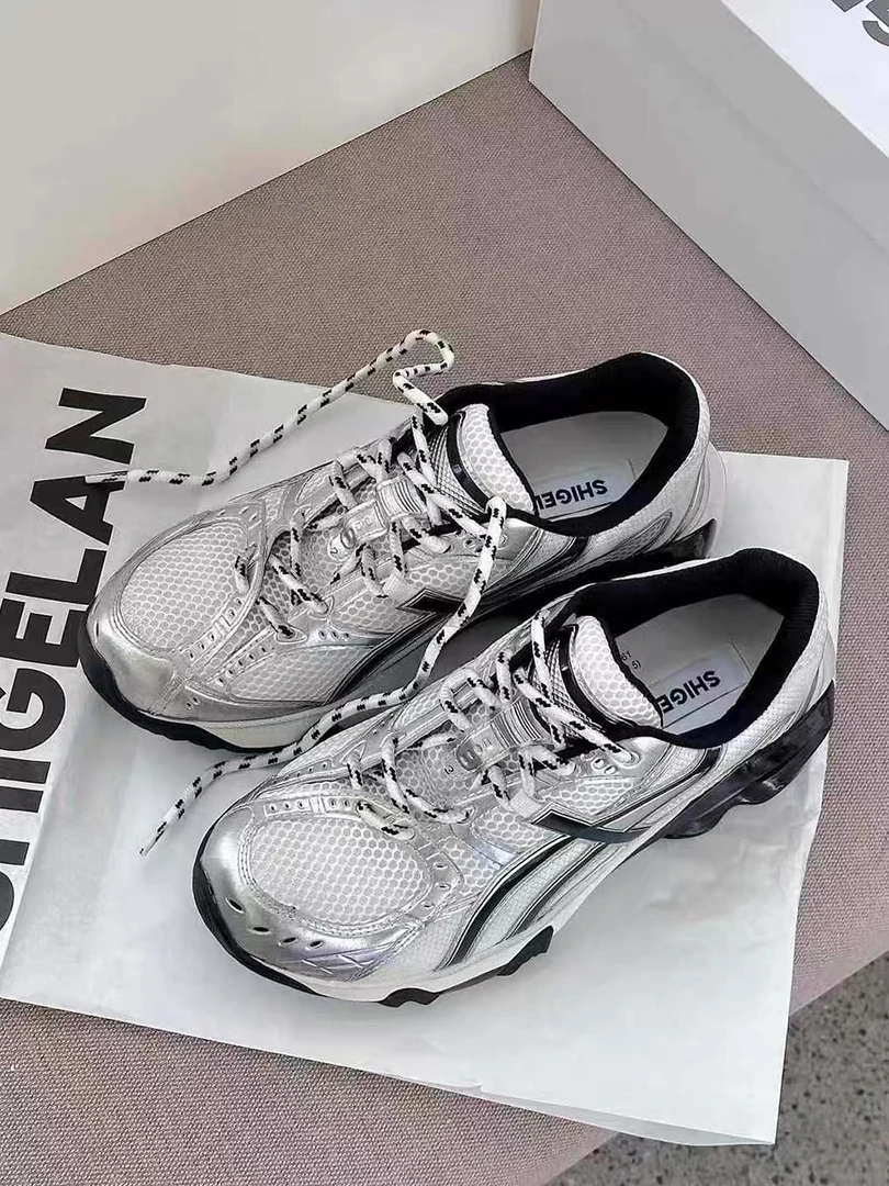 诗歌兰女鞋2025春季款时尚百搭厚底增高系带老爹鞋拼色休闲鞋