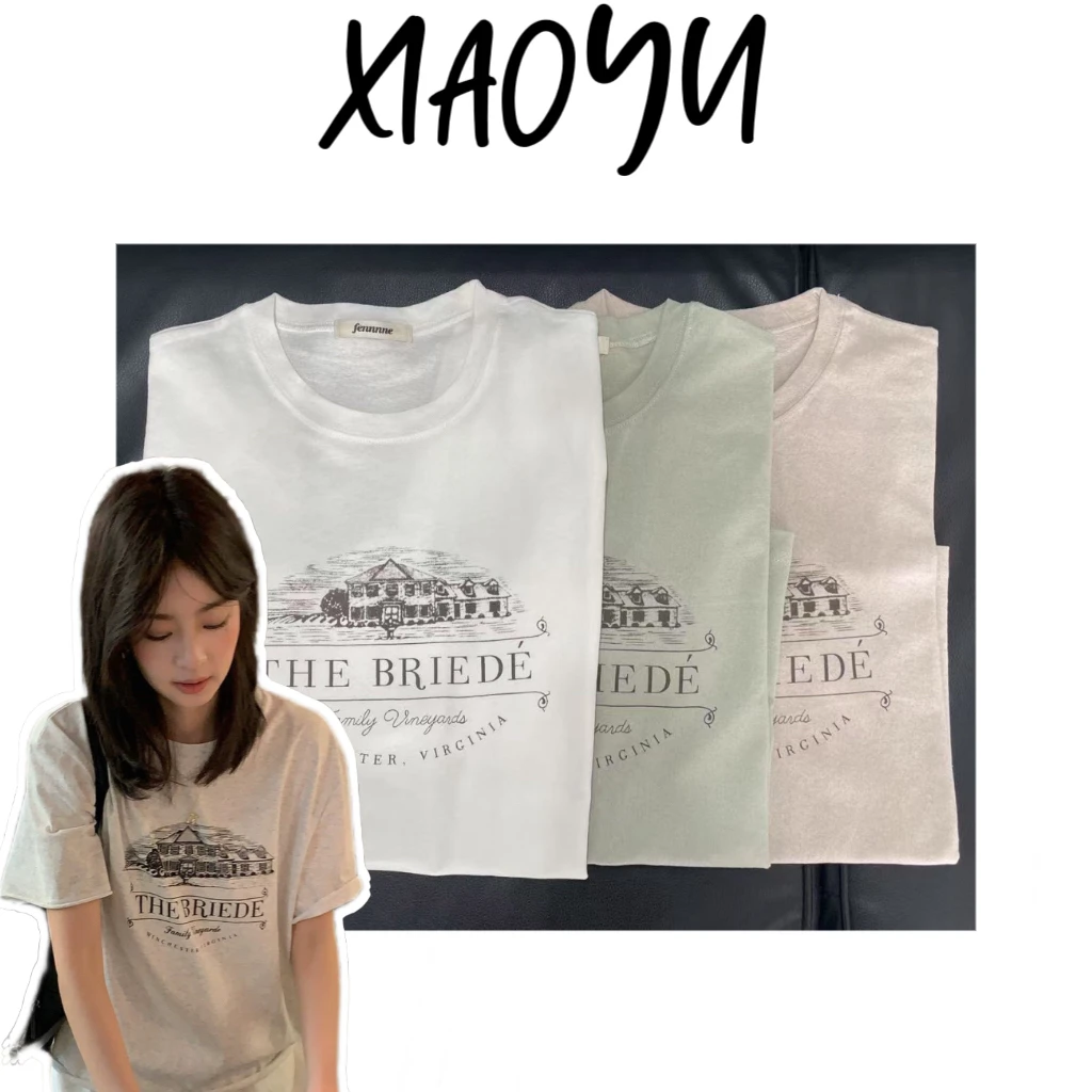 【城堡棉半袖】S韩系femme复古楼房字母印花短袖T恤水洗小毛圈短袖