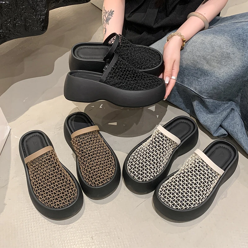 厚底增高包头半拖鞋女外穿夏季2025新款绝美配裙子镂空编织渔网鞋