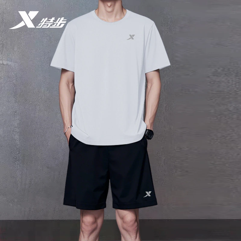 特步男速干短袖短裤官方正品2025冬季新款透气健身跑步运动服套装