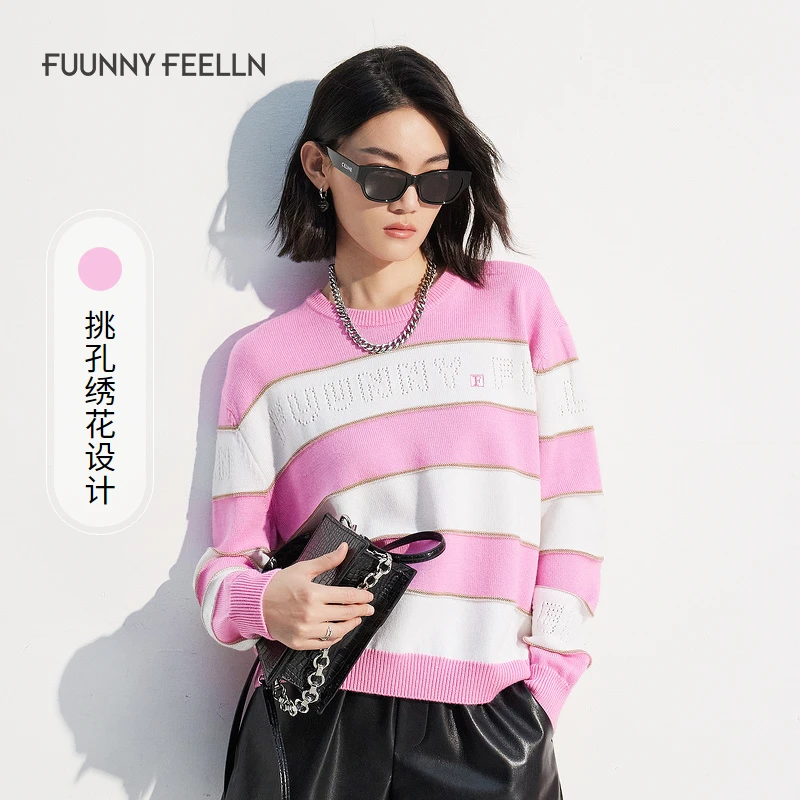 仿佛仿佛春季复古绣花拼接条纹针织衫时尚女圆领卫衣长袖撞色秋冬