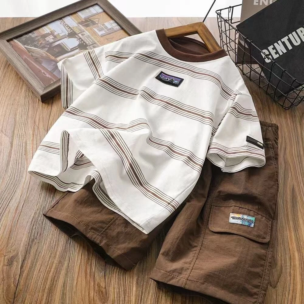 男童夏装套装中大儿童条纹短袖8男孩休闲夏季T恤工装短裤两件套潮