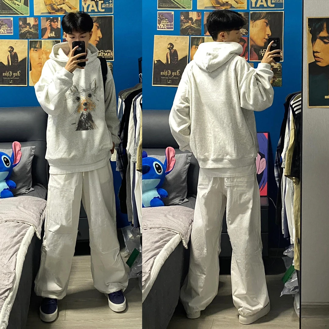 美式个性潮流涂鸦小狗印花无口袋连帽卫衣男女秋冬季休闲宽松上衣