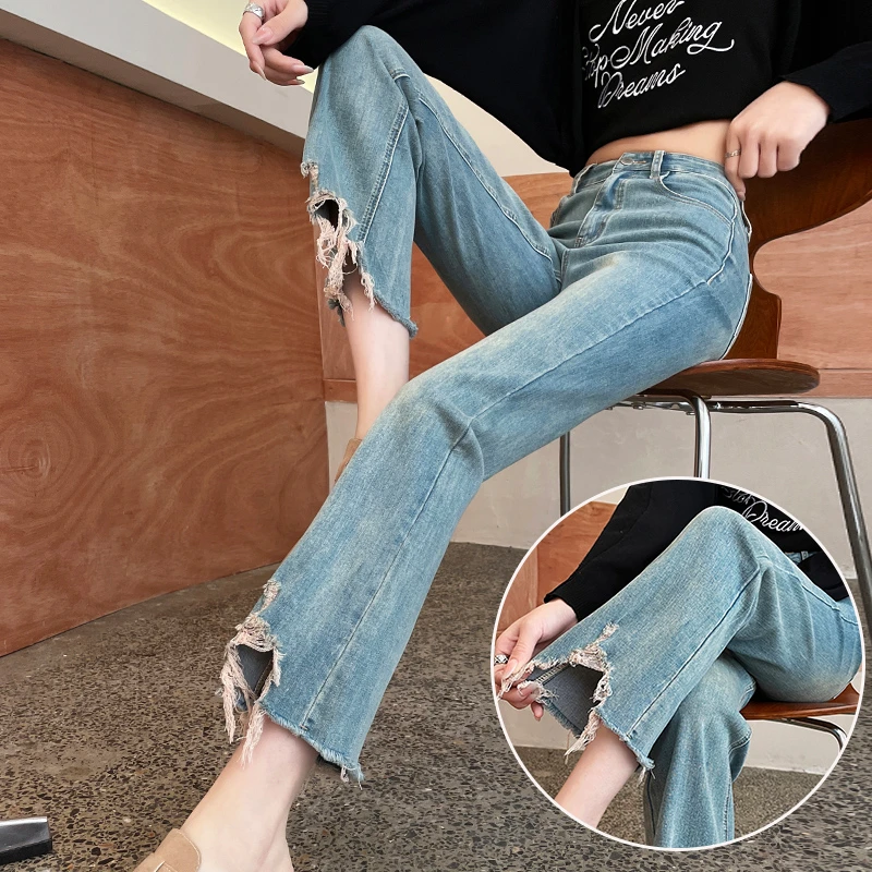 复古毛边九分微喇牛仔裤女秋季2025新款小个子八分设计感喇叭裤子