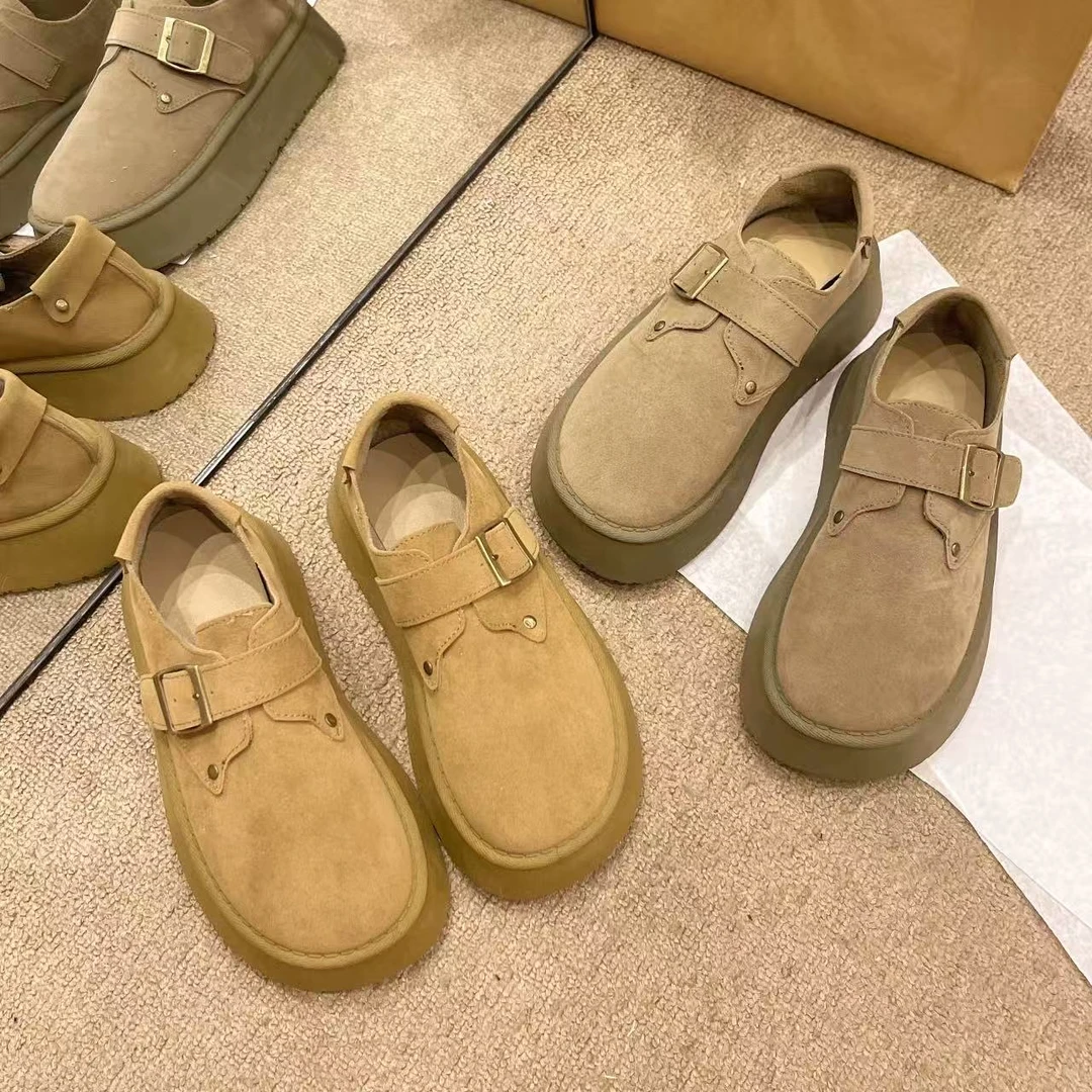 Q85日厚底勃肯女鞋单鞋圆头复古乐福鞋增高百搭豆豆