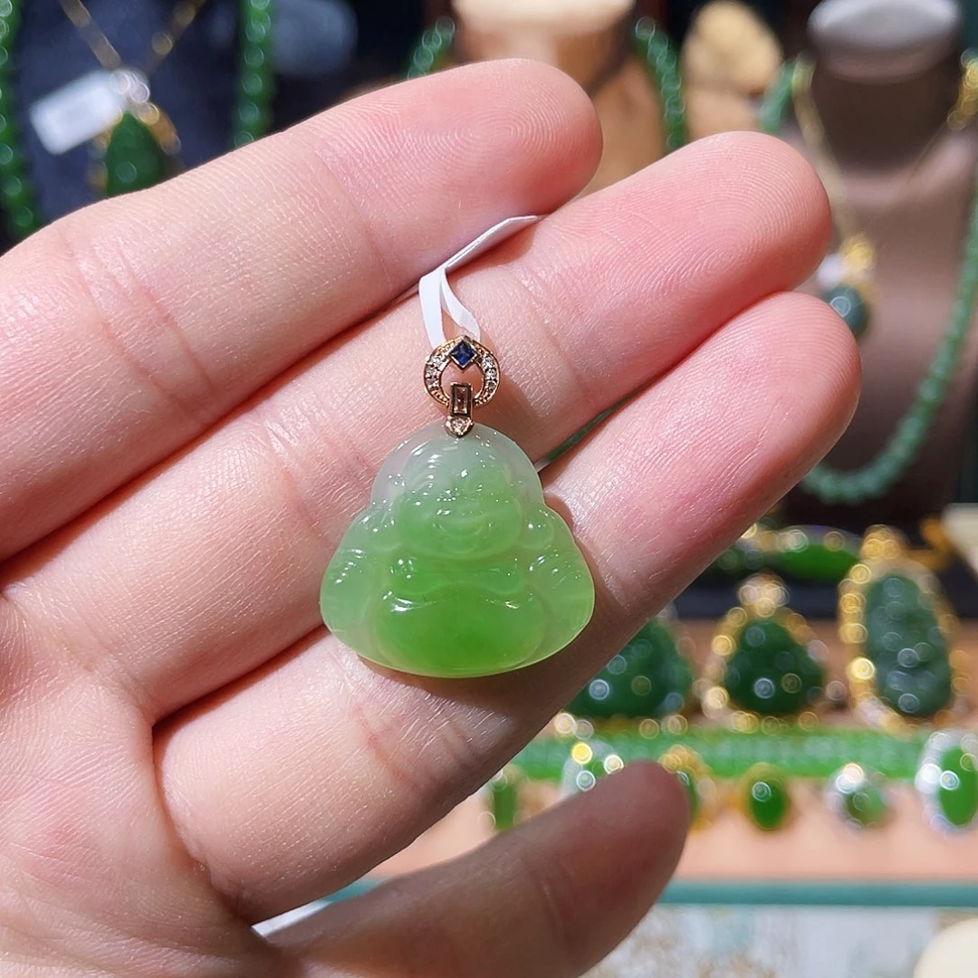 和田玉（碧玉）18K金镶嵌吊坠(不含链)