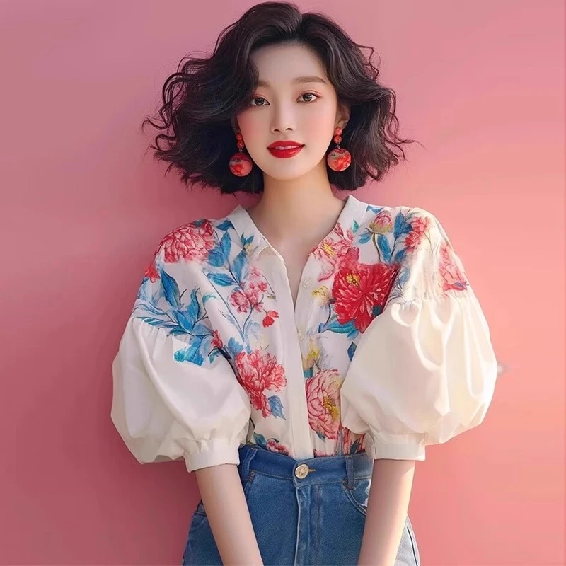 独特漂亮小衫淑女气质法式上衣泡泡碎花衬衫2025新款女装夏季