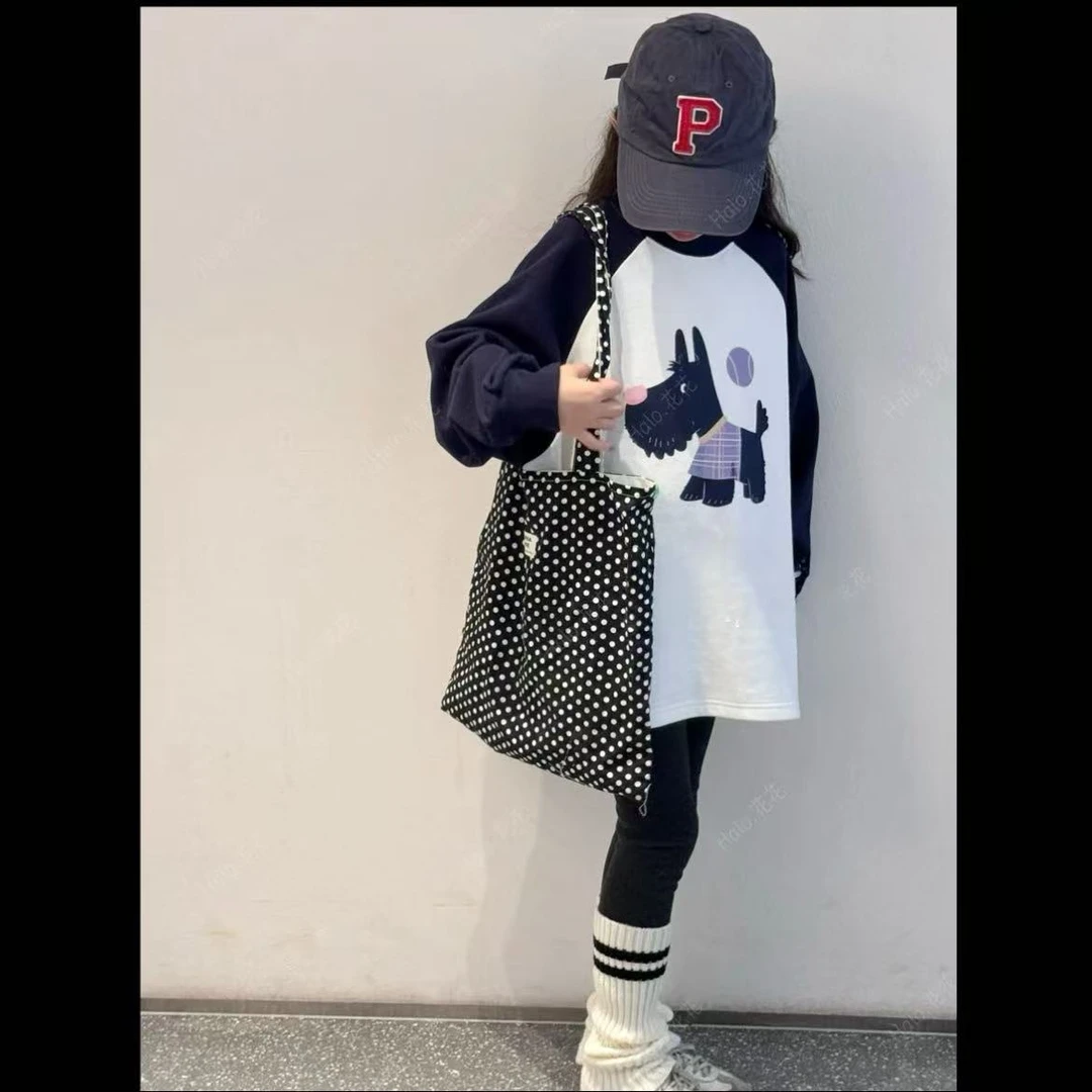 【亲子装】韩版加绒女童洋气休闲卡通小狗印花儿童拼色卫衣裙套装